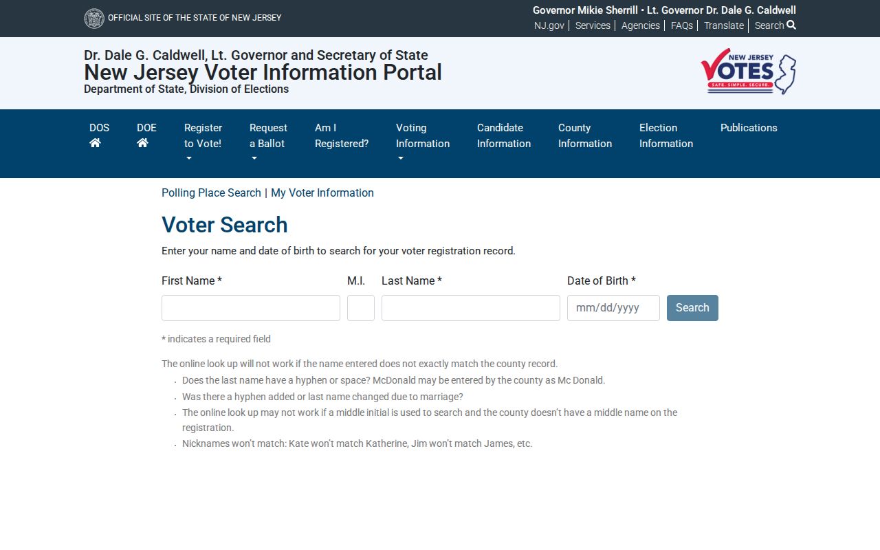 Bernards Township residents directory New Jersey voter registration status entry point
