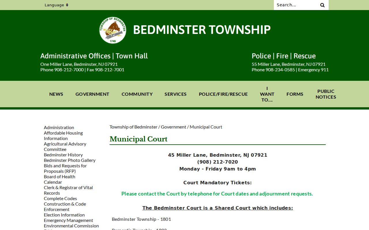 Bernards Township resident lookup at the Bedminster shared Municipal Court page