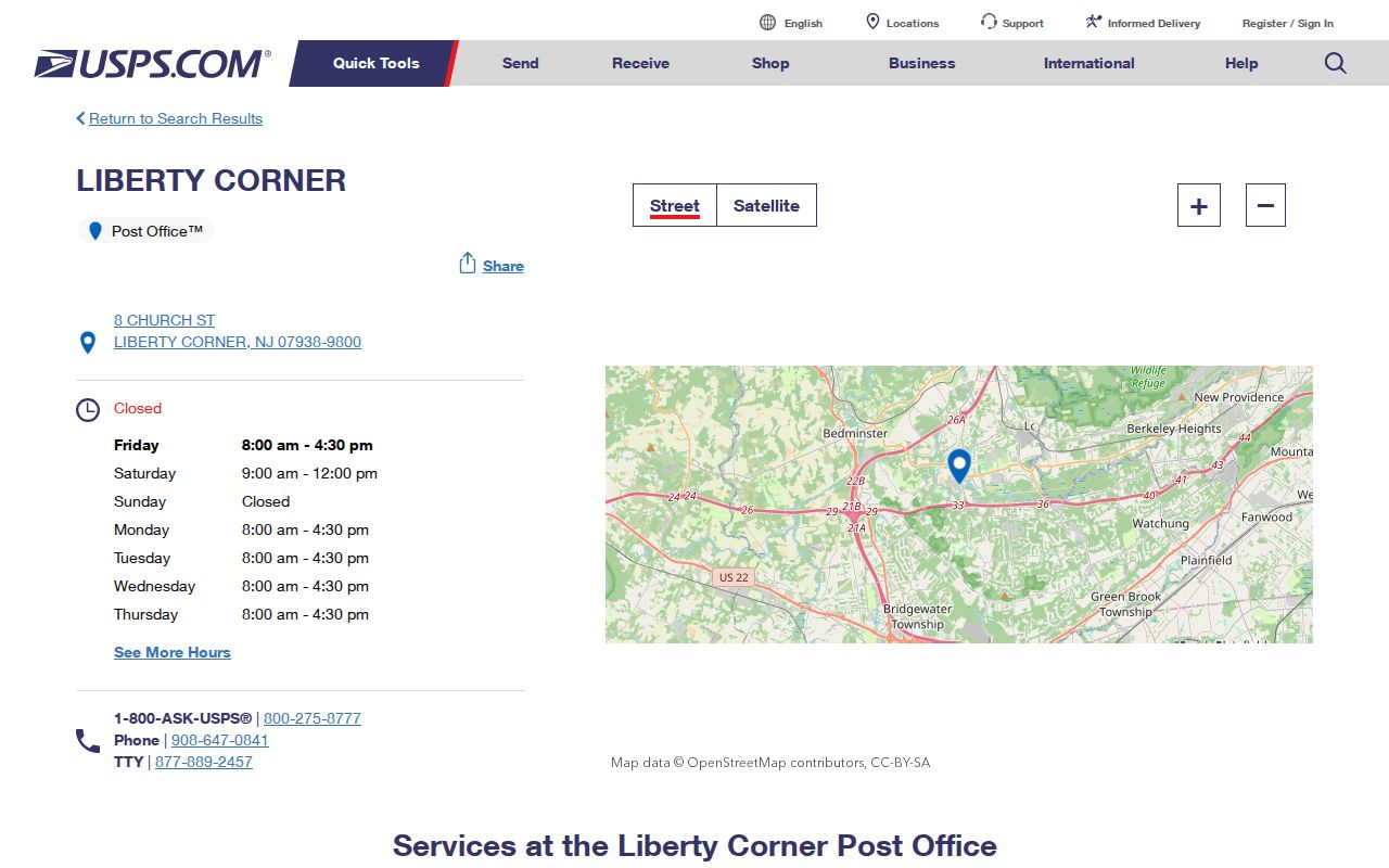 Bernards Township ZIP code directory view of the Liberty Corner USPS location